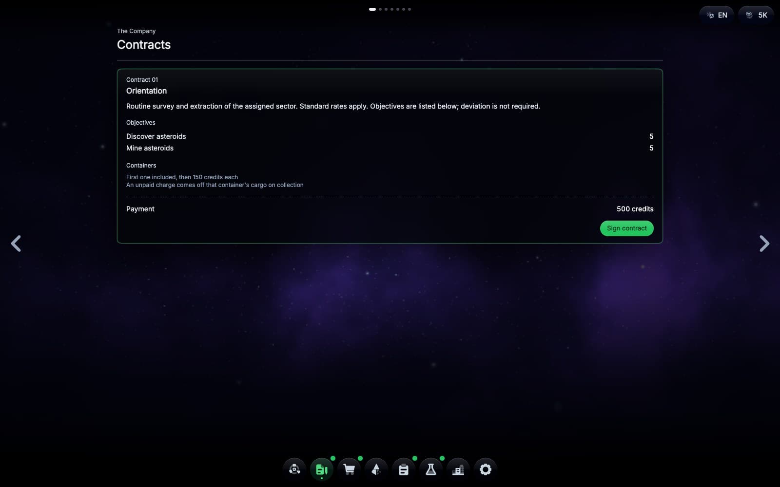 The contract board with the first contract, Orientation: the brief, five asteroids to find and five to mine, and what it pays