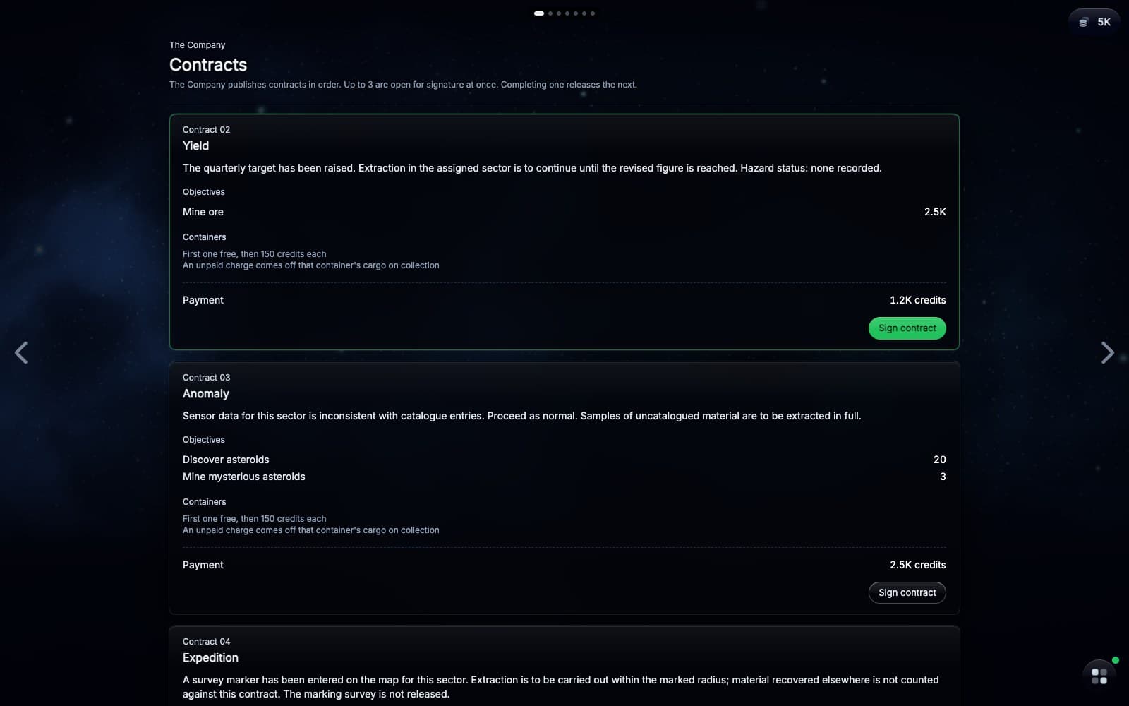 The contract board with the first contract, Orientation: the brief, five asteroids to find and five to mine, and what it pays