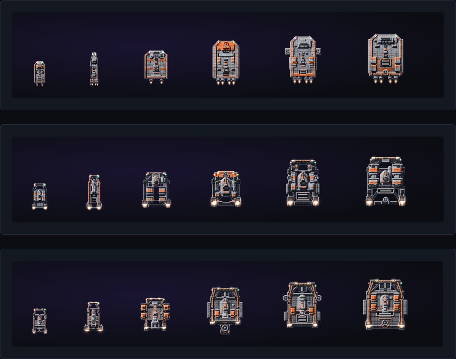 The three design languages, one per row, each showing its six hulls at their true relative sizes