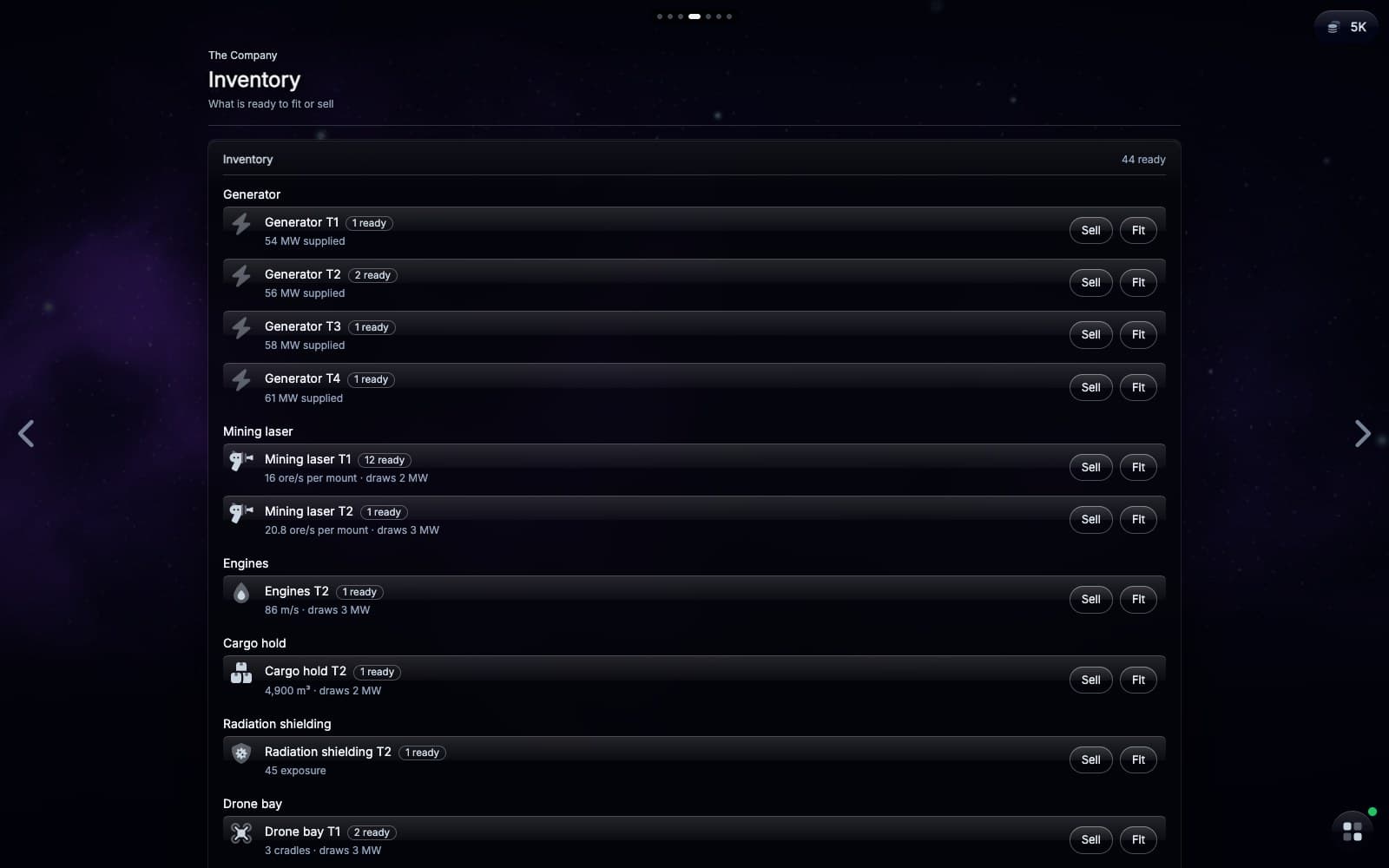 The Inventory: spare modules ready to fit or sell, and one that needs a hull with a slot for it