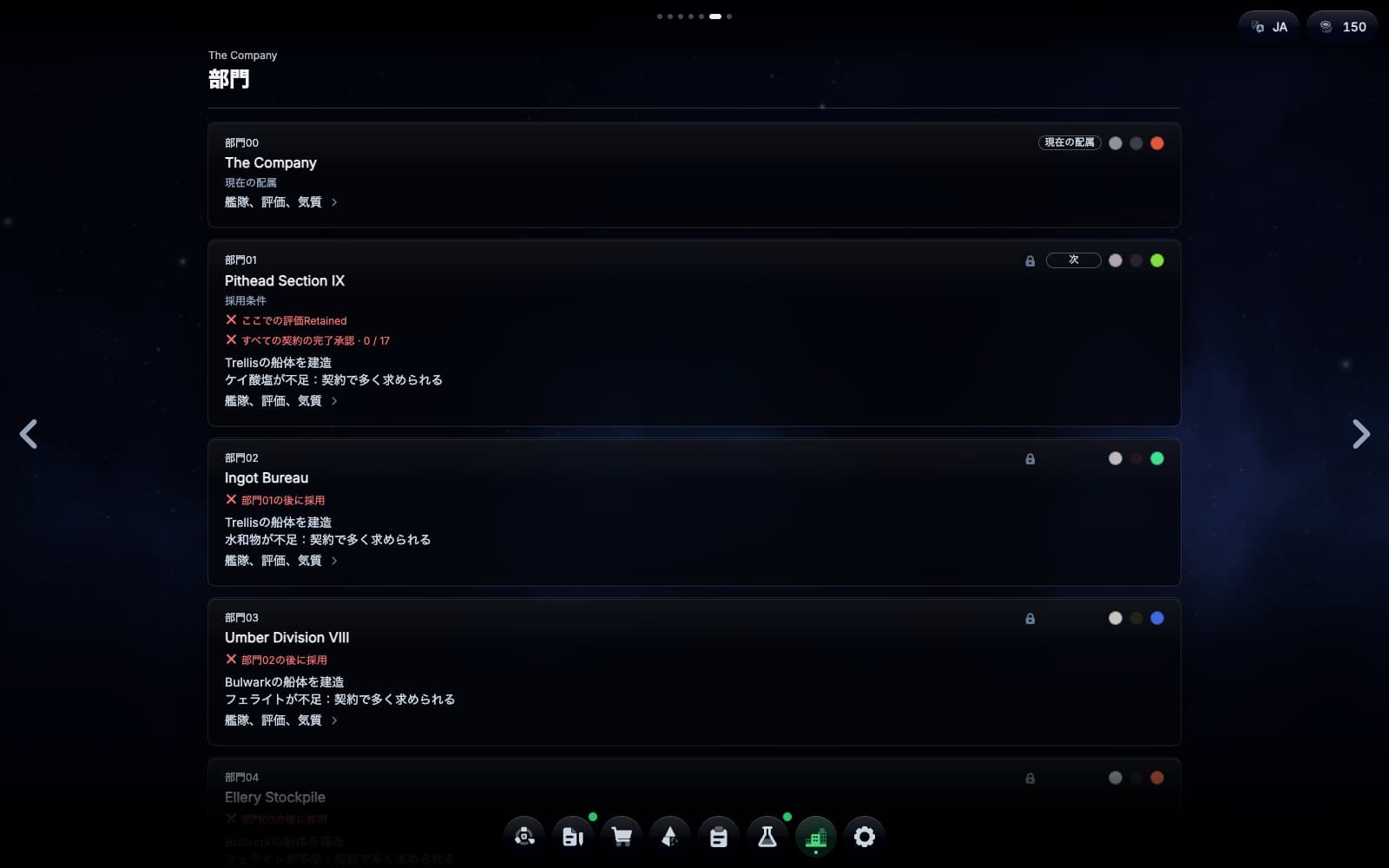 このベルトで働く The Company の他の部門。それぞれの色と、異動の前に求められること
