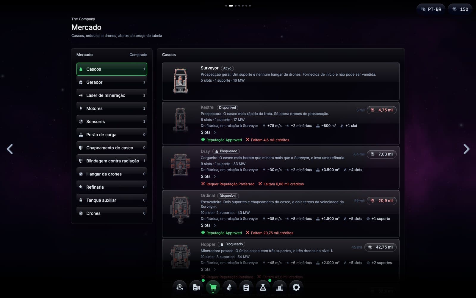 O Mercado: cascos à venda abaixo do preço de tabela, cada um com seus slots, suportes, preço e a reputação exigida