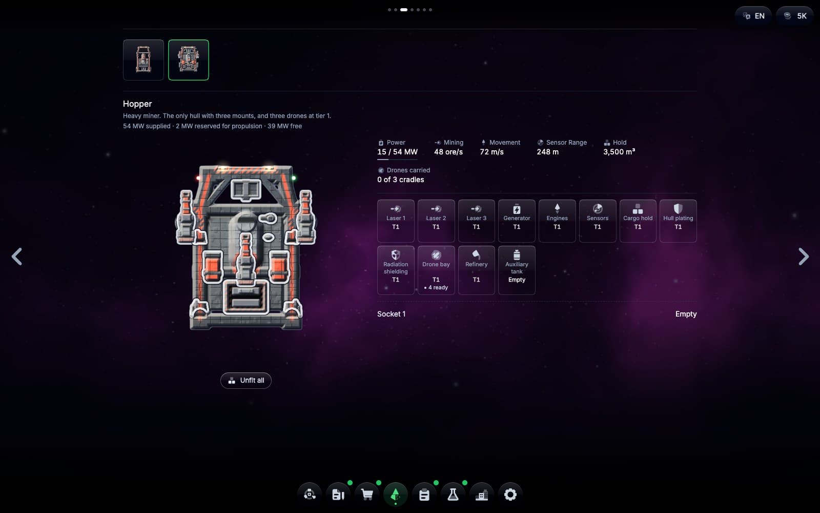 The Fit room: the berth, the hull with every fitting outlined on it, and the loadout
