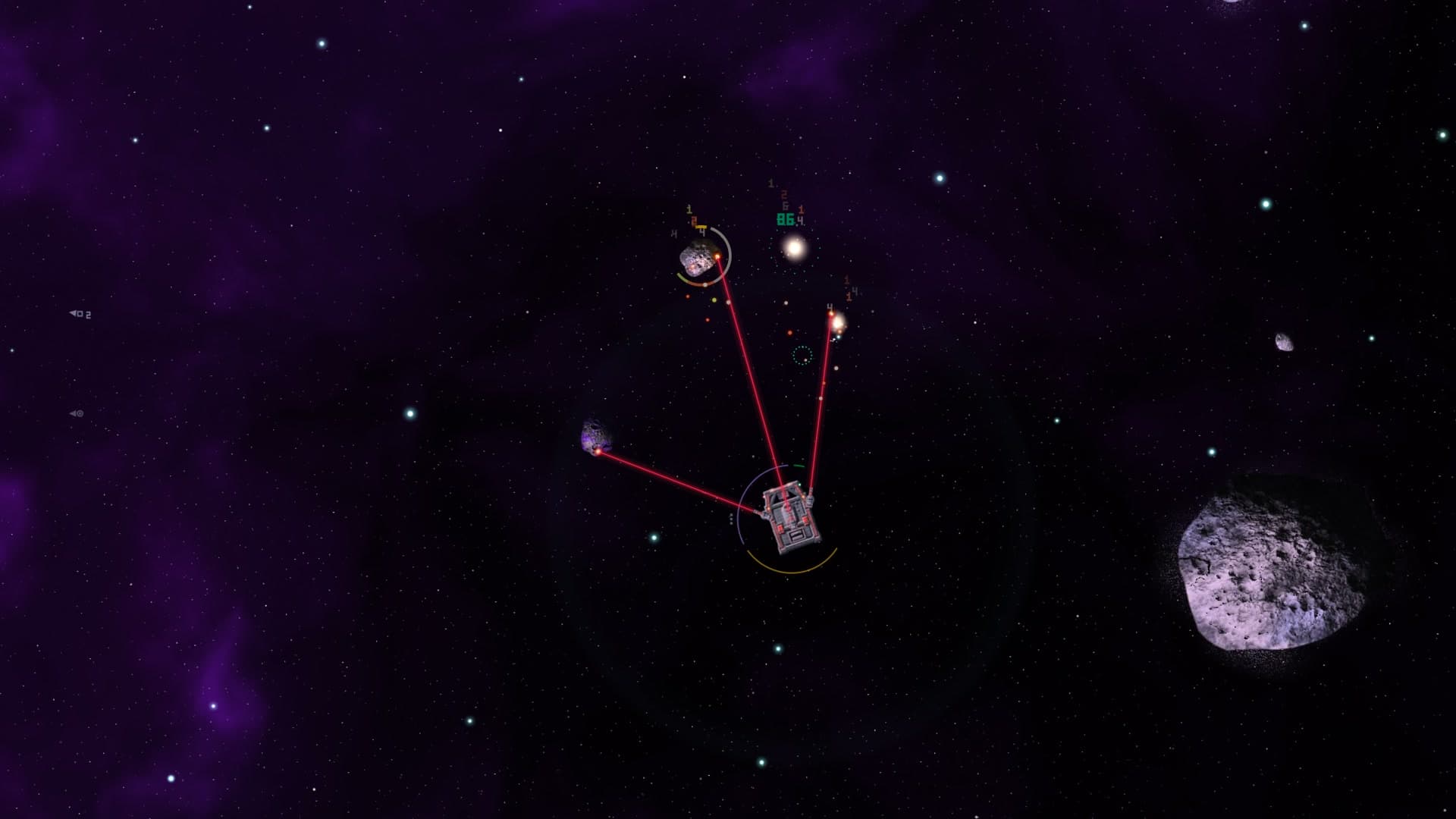 Sebuah Hopper dengan tiga laser menyala, masing-masing di asteroidnya sendiri