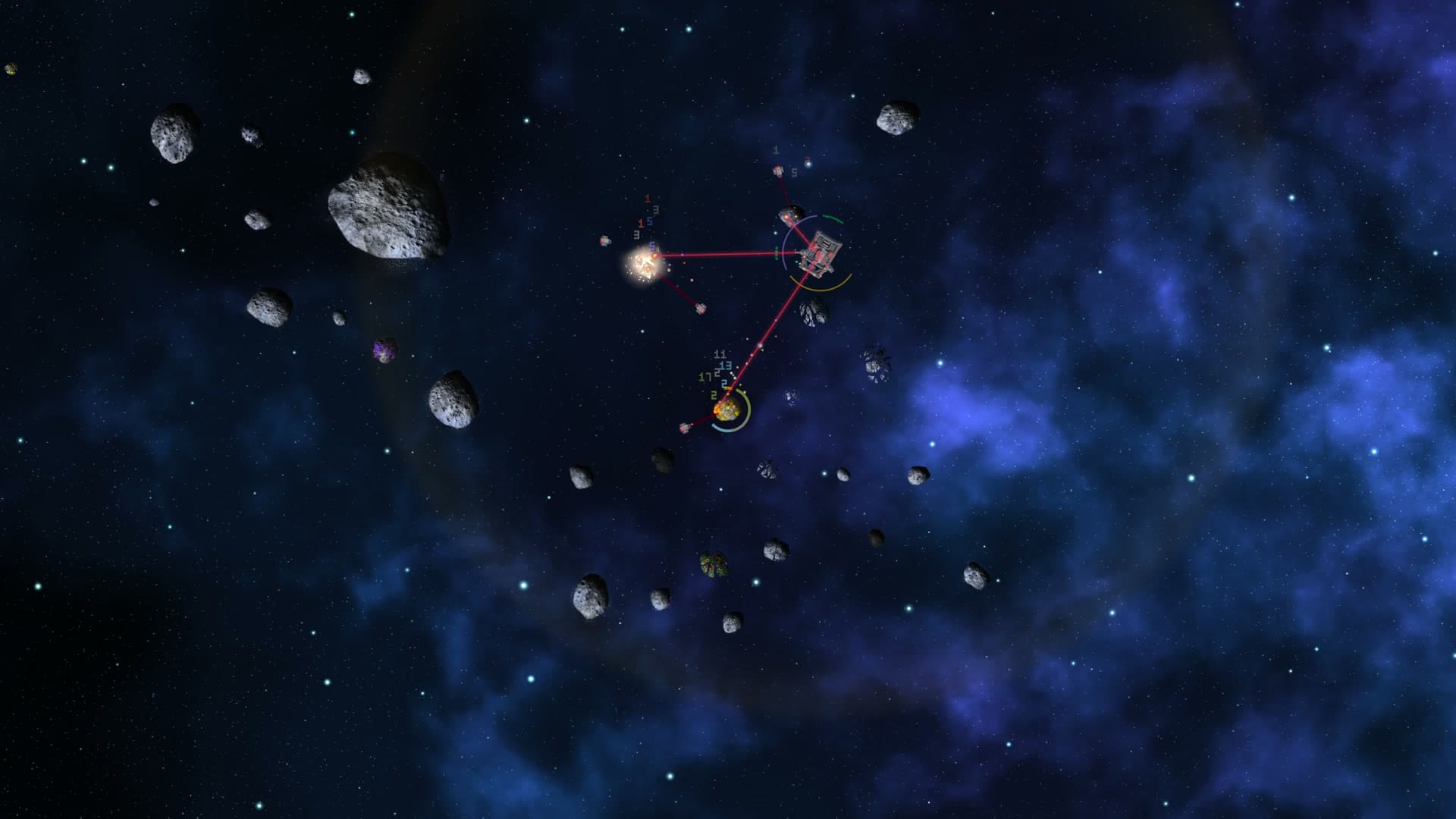 A Hopper and its drones clearing a field of small asteroids, two of them bursting