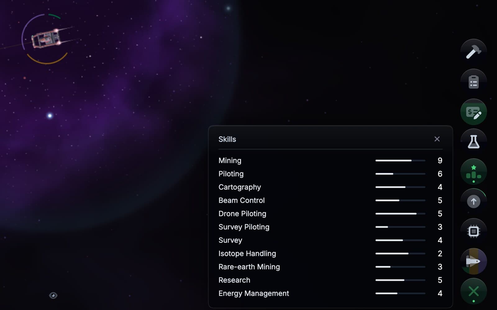 The Skills pane: the pilot's skills, each with its level and progress